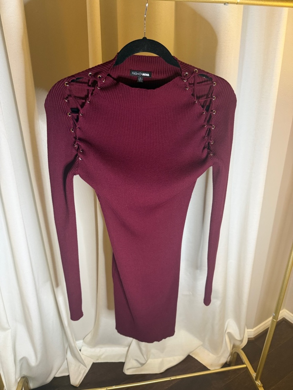 Fashion Nova Burgundy Lace-Up Ribbed Long Sleeve Dress